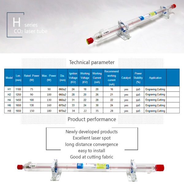 YONGLI H2 - Tubo Láser CO2 80W para Cortadora y Grabadora Láser